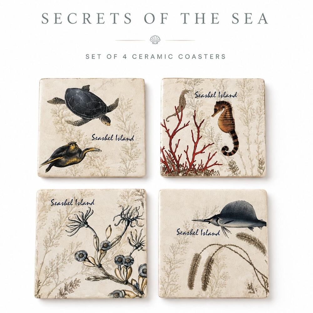Secrets of the Sea Coastal Coaster Set Nautical Ceramic Beach House Decor